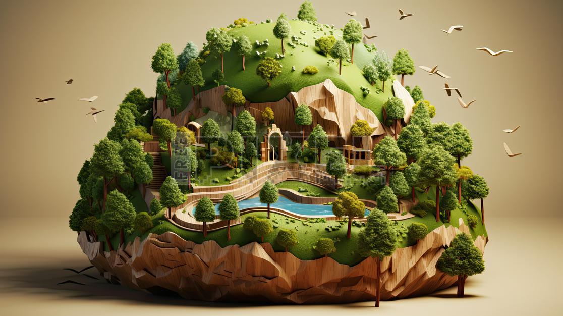 Free Illustrations - 3D Model Of A Lush Landscape With A River, Trees ...