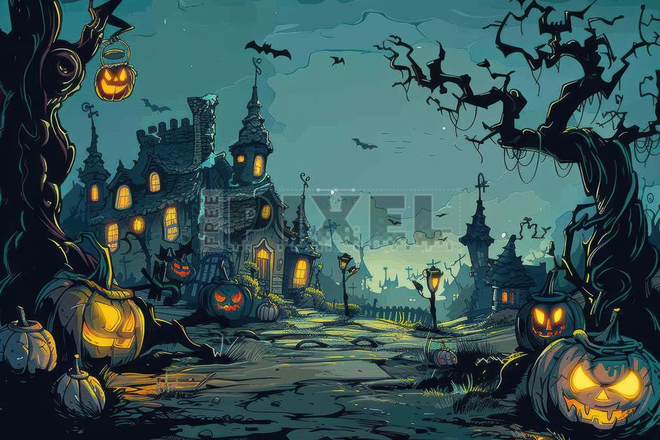 Free Illustrations - A Halloween Night Scene With A Haunted House, Jack ...