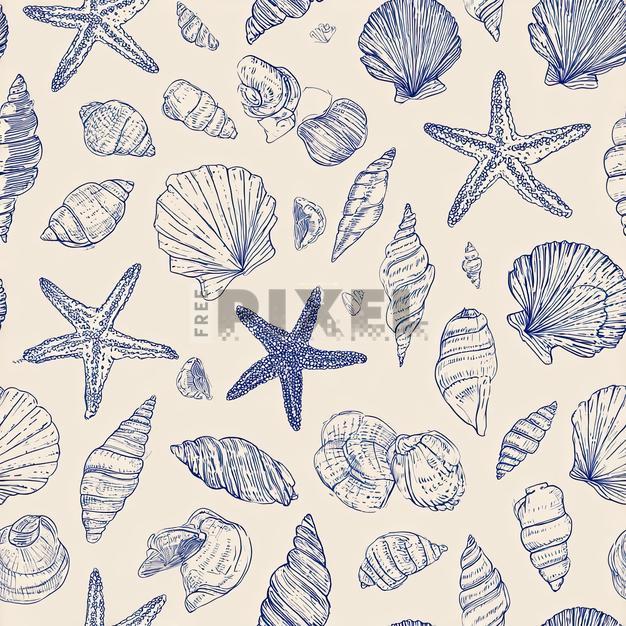 Free Illustrations - A Seamless Pattern Of Seashells And Starfish ...