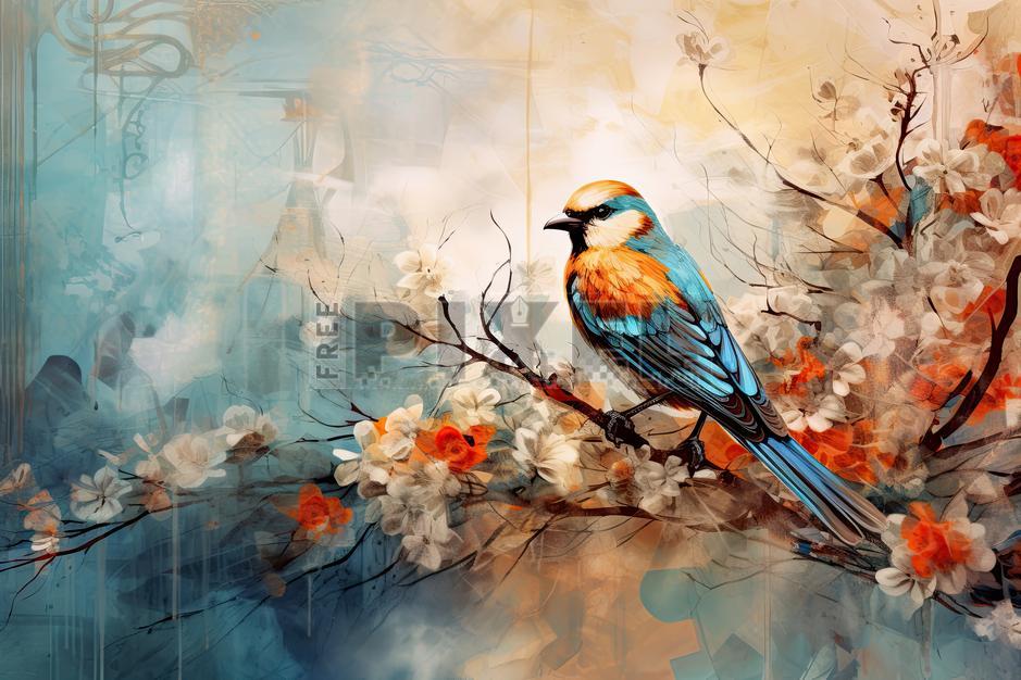 Free Illustrations - Colorful Bird Perched On A Branch With Flowers ...