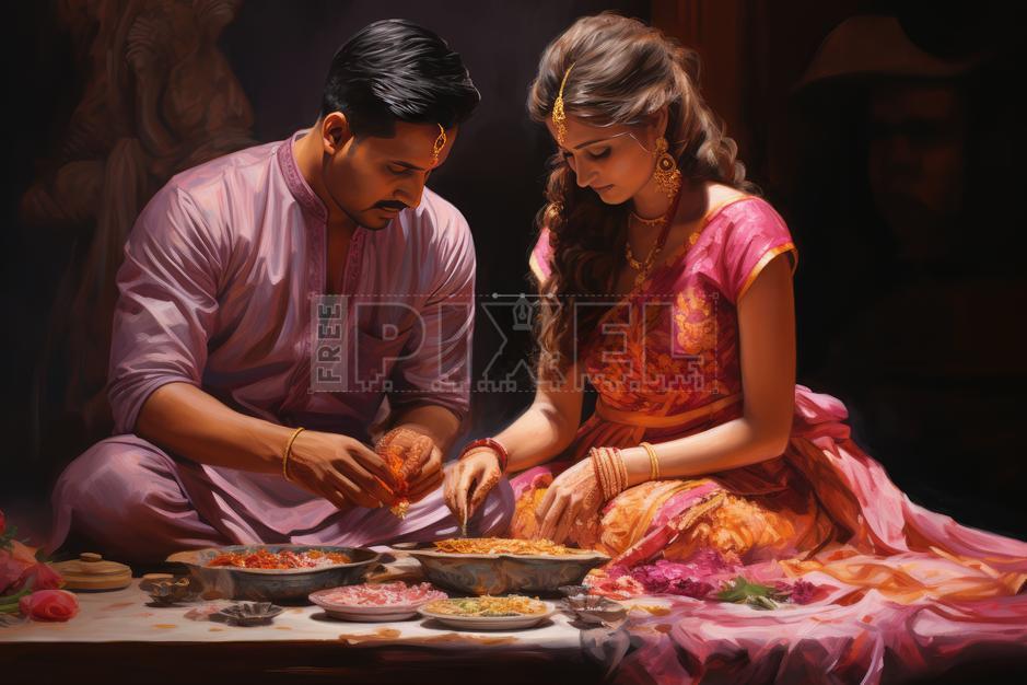 free-illustrations-a-indian-couple-enjoying-a-traditional-meal