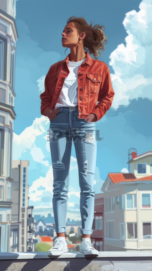 Free Illustrations - Portrays A Young Woman Wearing A Red Jacket And ...
