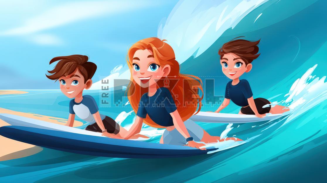 Free Illustrations - Cartoon Children Surfing On A Wave | FreePixel.com