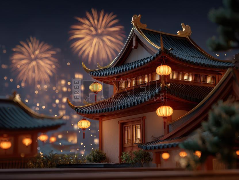 Free Photos - 3D Traditional Chinese Temple At Night With Glowing ...