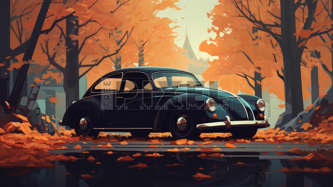 Free Illustrations - Vintage Volkswagen Beetle In Fall Foliage ...