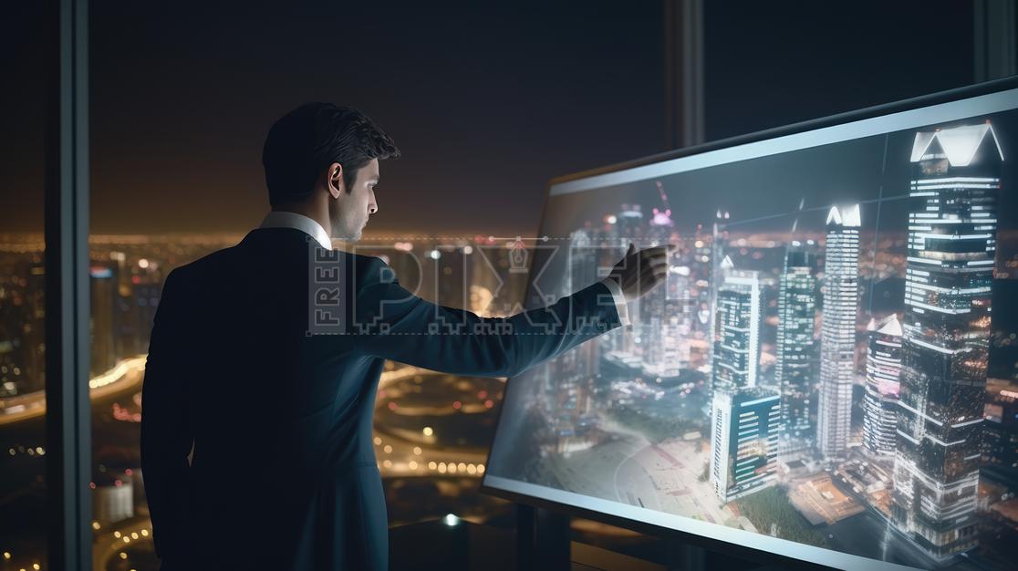 Free Photos - A Man In A Suit Presenting A City Skyline On A Large ...