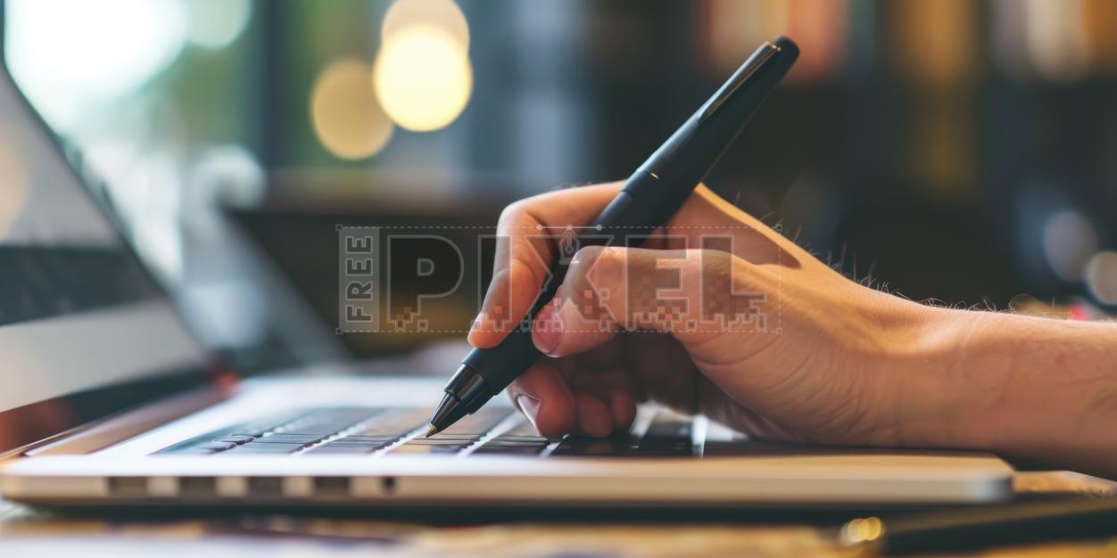Free Photos - A Hand Writing With A Pen On A Laptop Keyboard ...