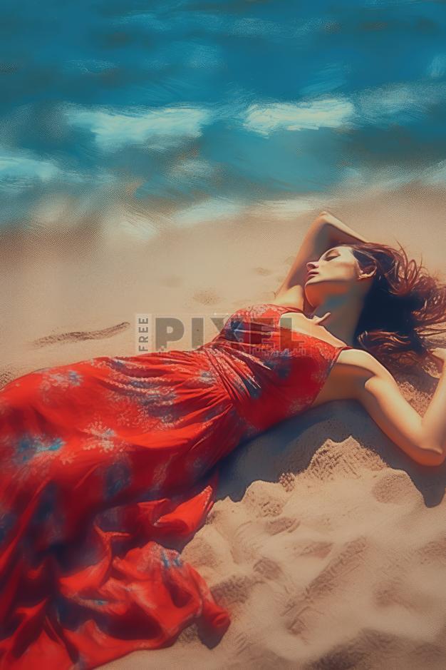 Free Photos - Beautiful Woman In A Red Dress Relaxing On The Beach ...