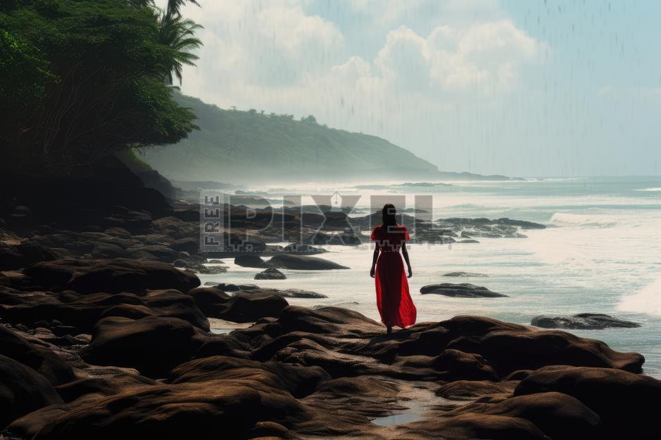 Free Photos - A Woman In A Red Dress Walking Along The Beach ...