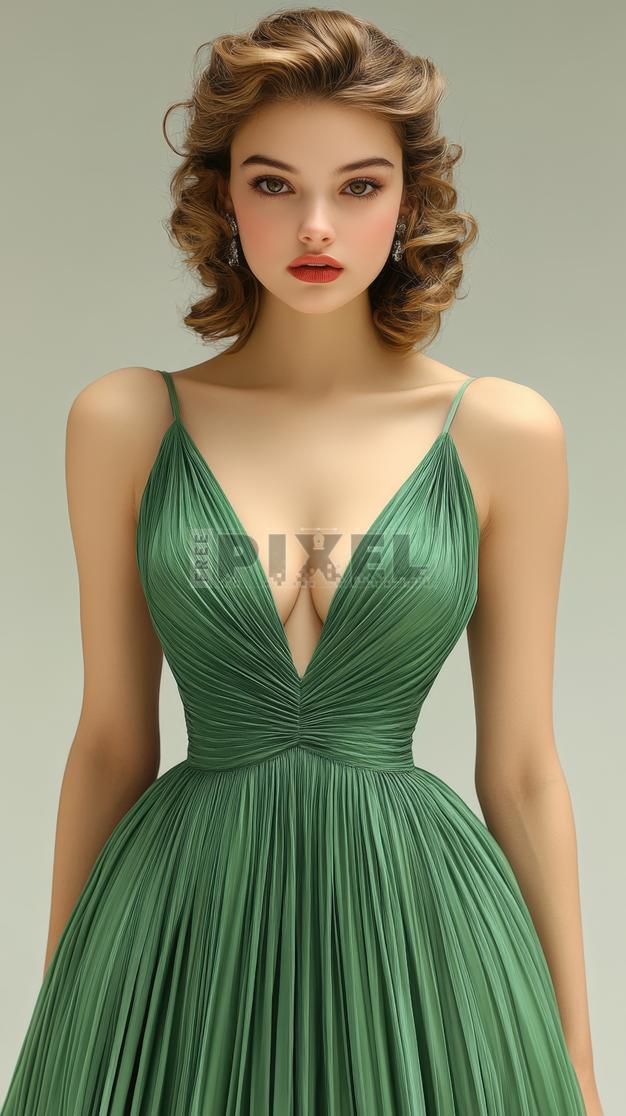 red lips green dress deep red lipstick green eyes flowing green dress commanding look Prompts