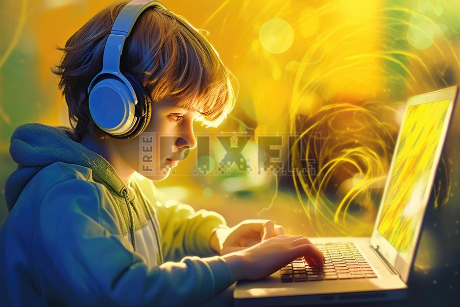 Free Photos - A Young Boy Using A Laptop Computer While Wearing Large ...
