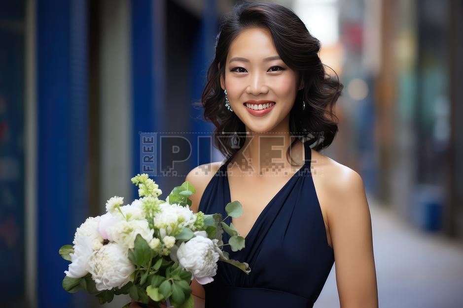 Free Photos - Beautiful Woman In A Blue Dress Holding A Bouquet Of ...