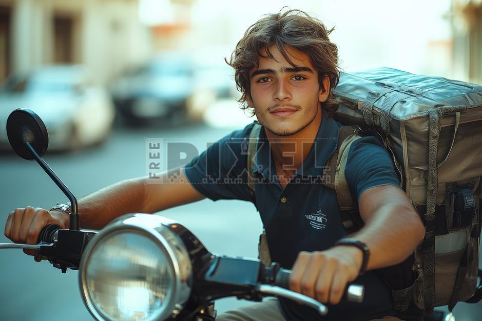 Free Photos - American Delivery Man Riding Motorcycle With Backpack For ...