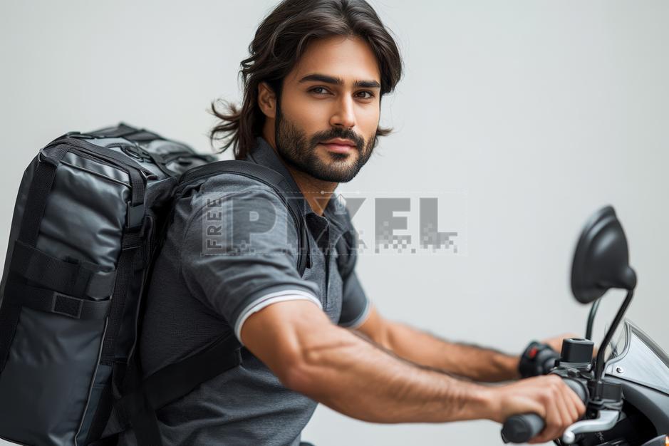 Free Photos - Indian Delivery Man Riding Motorcycle With Backpack For ...