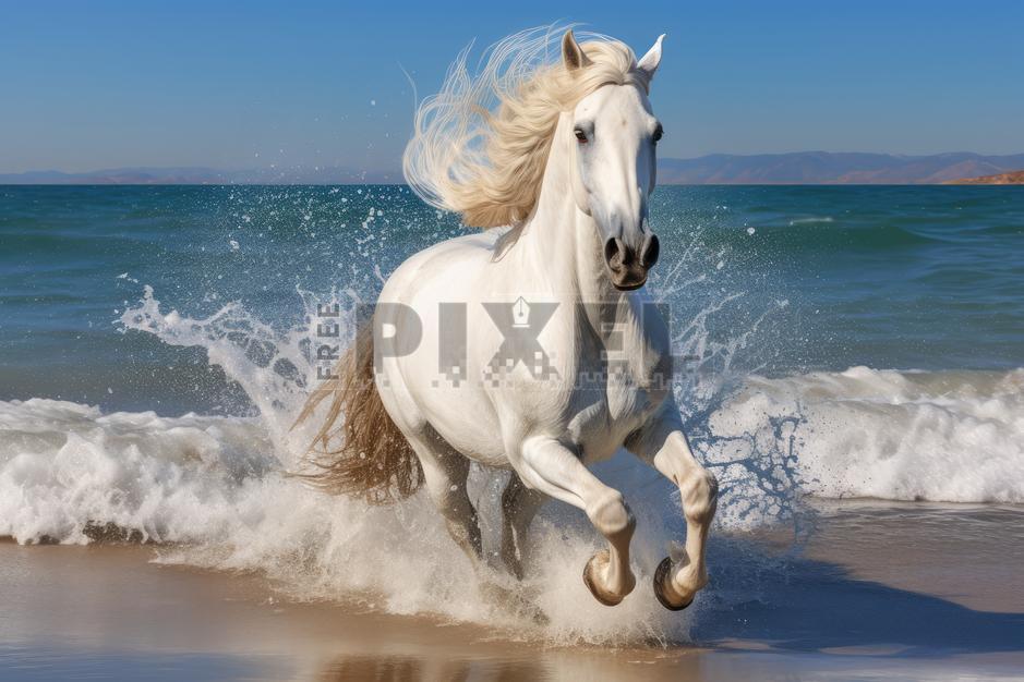 Free Photos - A White Horse Running Wild On The Beach | FreePixel.com