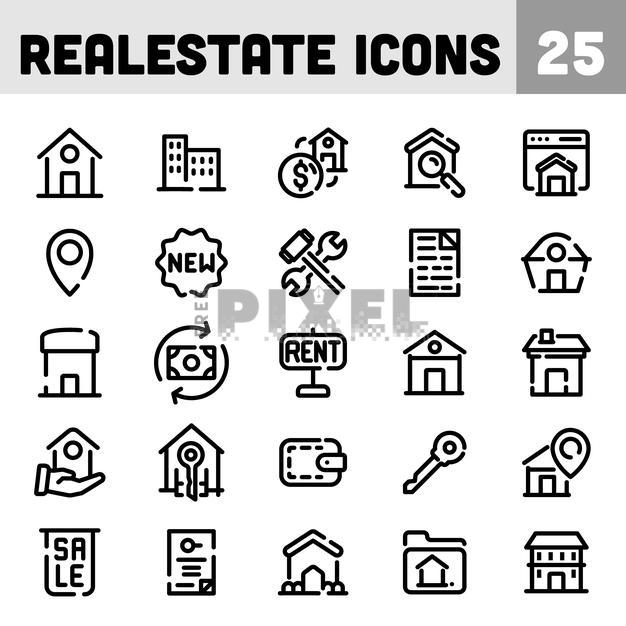 Free Vectors - 25 Real Estate Icons In Black Line Art. | FreePixel.com