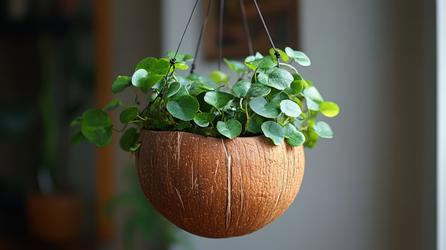 Free Photos - Hanging Coconut Shell Planter With Lush Greenery ...