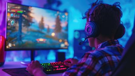 Free Photos - Concept Of Gamer Lifestyle And E-sports - Cheerful Man Fully Engaged In A Online Gaming Experience Using A Headset At Cybersports Club. | FreePixel.com