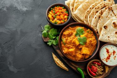 Top View, a wooden table with a variety of delicious Inidan foods, including a bowl of shahi Paneer, raita, some roti, and several bowls of different salad. There are also a few carrots scattered around the table. These dishes are set on a dining table, prepared and waiting to be served to enjoy a flavorful meal.